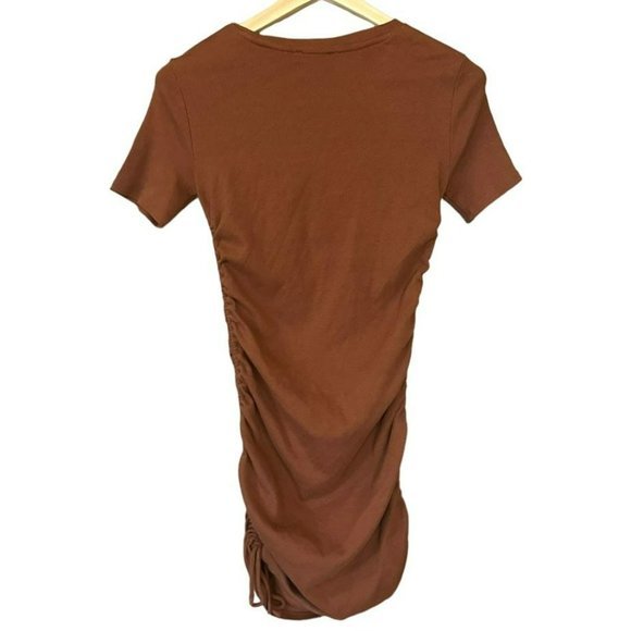 Zara Brown Ruched Drawstring Side Short Sleeve Bodycon Dress Womens L - Picture 2 of 4